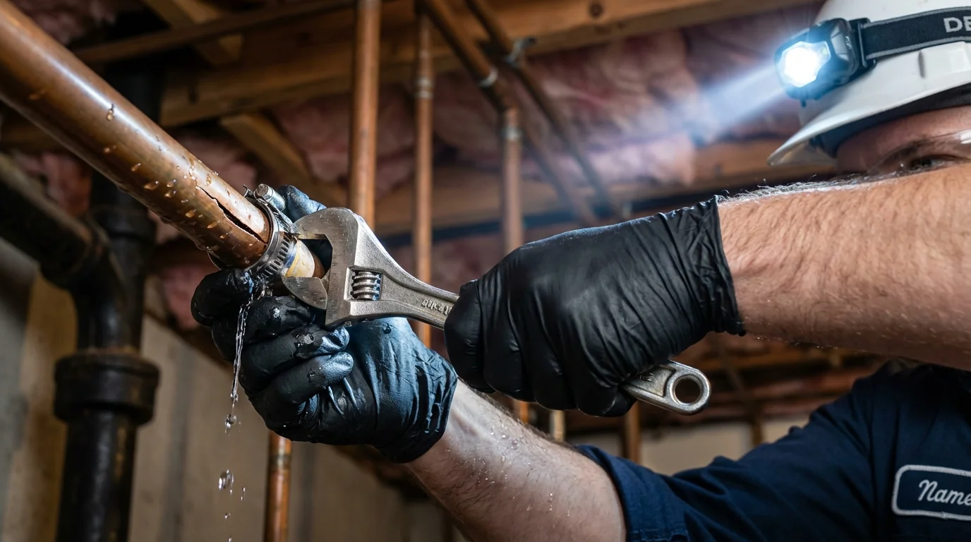 Emergency pipe clamp repair being performed by a Johns Plumbing LLC plumber in Claremont