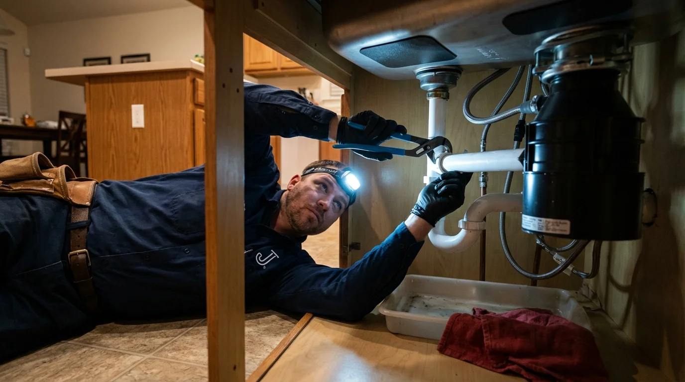 P-trap and supply line connections under a kitchen sink showing a common leak point in Claremont, CA